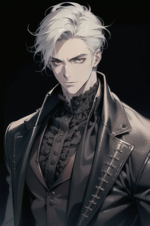 (masterpiece, best quality:1.2), (absurd res, high res, ultra detailed), 1 male, adult, handsome, tall muscular guy, broad shoulders, white hair, finely detailed eyes, portrait, looking at viewer, solo, half shot, detailed background, detailed face, (gothic), smirk, vampire, dark leather, high fantasy,, stealth, undercover, (crates in background), shadows, fog, (dutch angle), closed mouth,