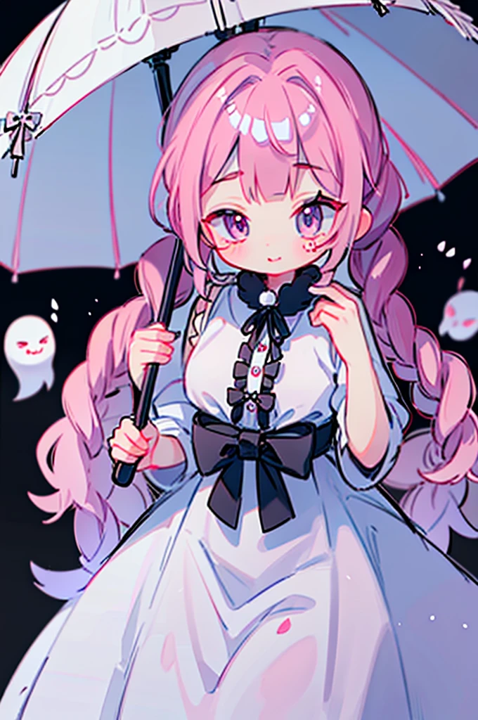 masterpiece, best quality, high quality, Super detailed, Princess Mononoke, Ghost and Sakura Halo, Holding a cute umbrella, Black Pink Gothic Costume, The hair is tied into two curly braids,Secure with black and white flower hairpin, Perfect body shape, Wearing a black top hat with a ribbon, masterpiece, Light makeup, Ghost effect