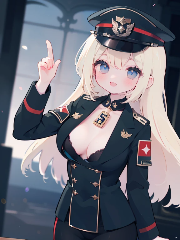 cleavage, black clothes, black ww2 ss uniform, military, german soldier, german officer hat, insanely Beautiful Little pale gothic girl, scifi temple, blush, smile