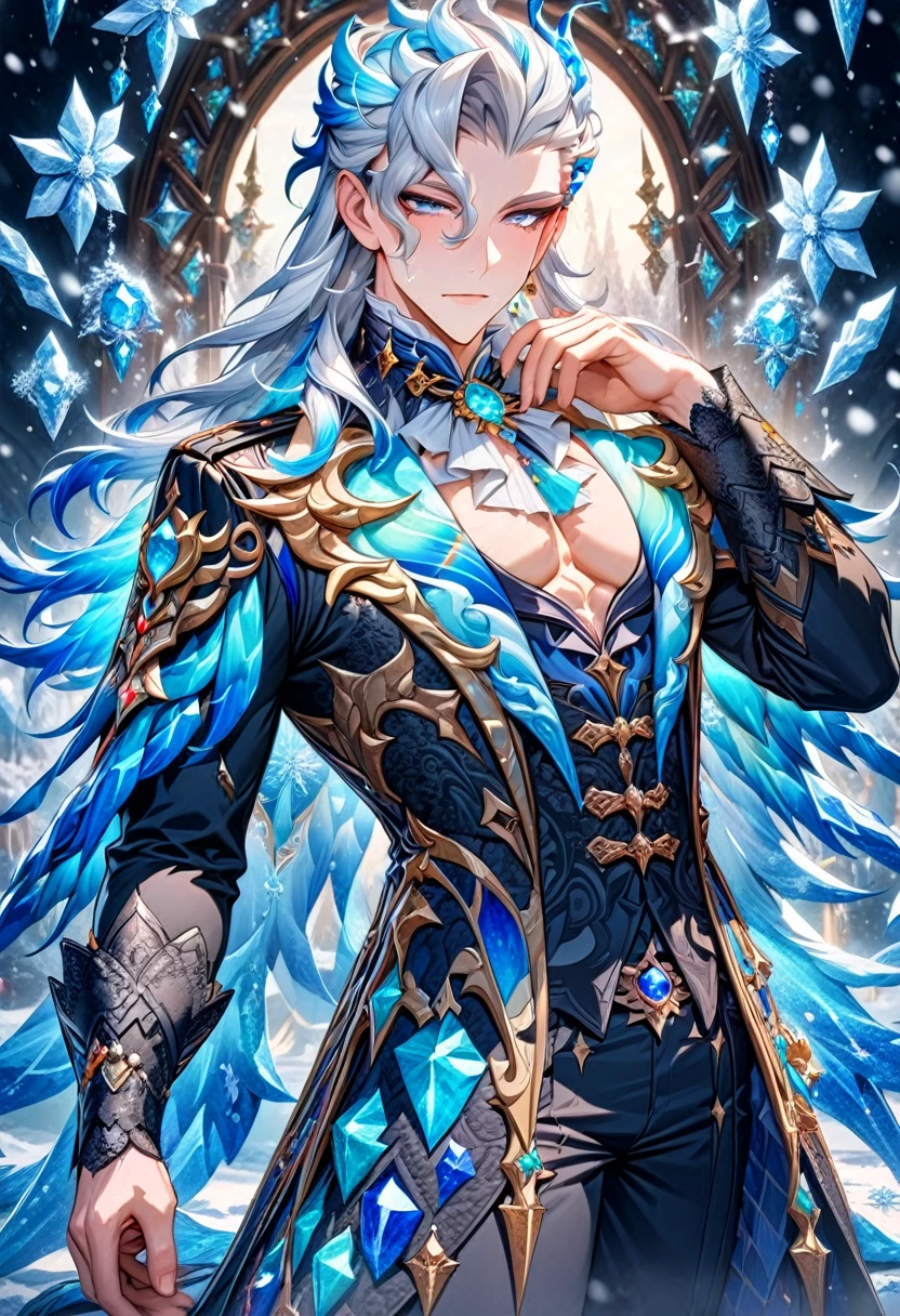 (absurdres, highres, ultra detailed, HDR) master piece, best quality, delicate features, Neuvillette, white long hair, expressive blue eyes, Genshin Impact, solo, sexy man, handsome, toned chest, black clothes, patterns, magical fantasy, ice butterflies, glittering, sparkling, winter, snowing, snowflakes, lilies, gemstones