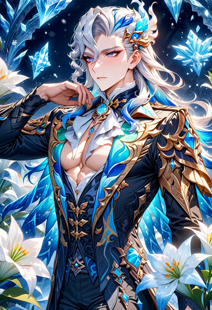 (absurdres, highres, ultra detailed, HDR) master piece, best quality, delicate features, Neuvillette, white long hair, expressive blue eyes, Genshin Impact, solo, sexy man, handsome, toned chest, black clothes, patterns, magical fantasy, ice butterflies, glittering, sparkling, winter, snowing, snowflakes, lilies, gemstones