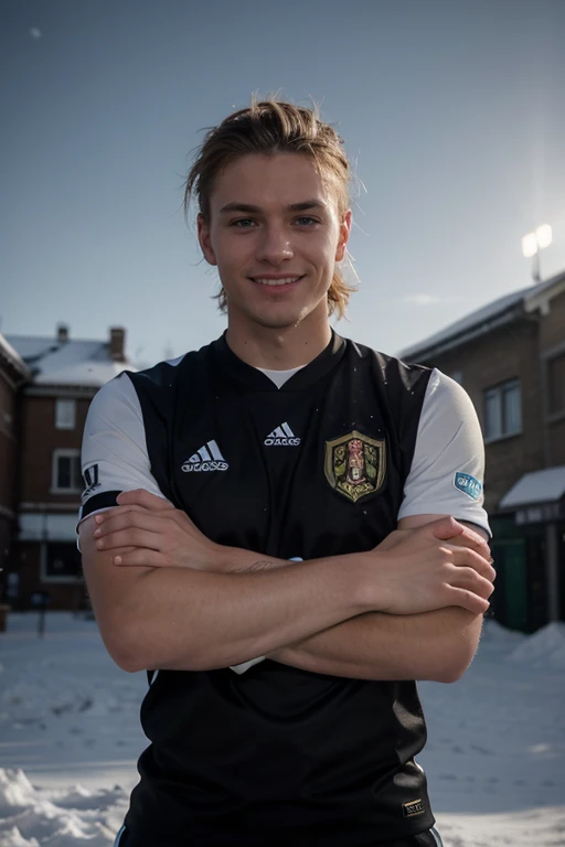 Belgian soccer striker. 20 years old. Short hair. Blonde. Strong chin. Smiling. Dramatic light. Male. Crossed hands. Black jersey. Masterpiece, best quality, 4k, portrait, very detailed. Snow on the background. Male