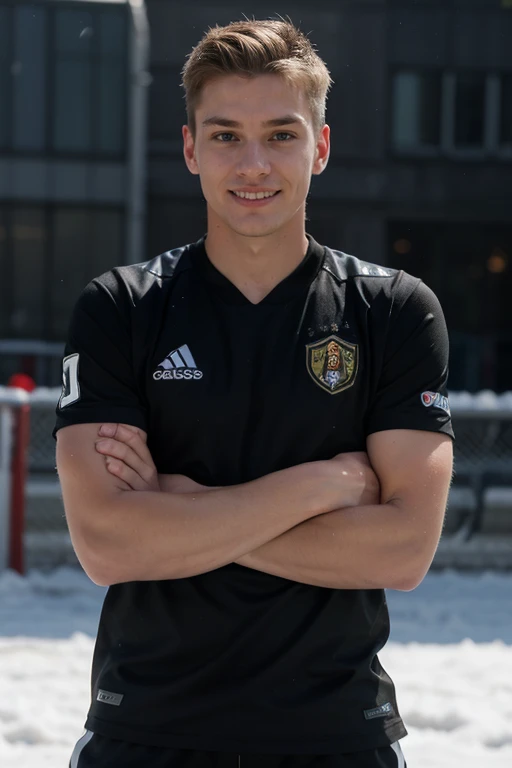 Belgian soccer striker. 20 years old. Short hair. Blonde. Strong chin. Smiling. Dramatic light. Male. Crossed hands. Black jersey. Masterpiece, best quality, 4k, portrait, very detailed. Snow on the background. Male