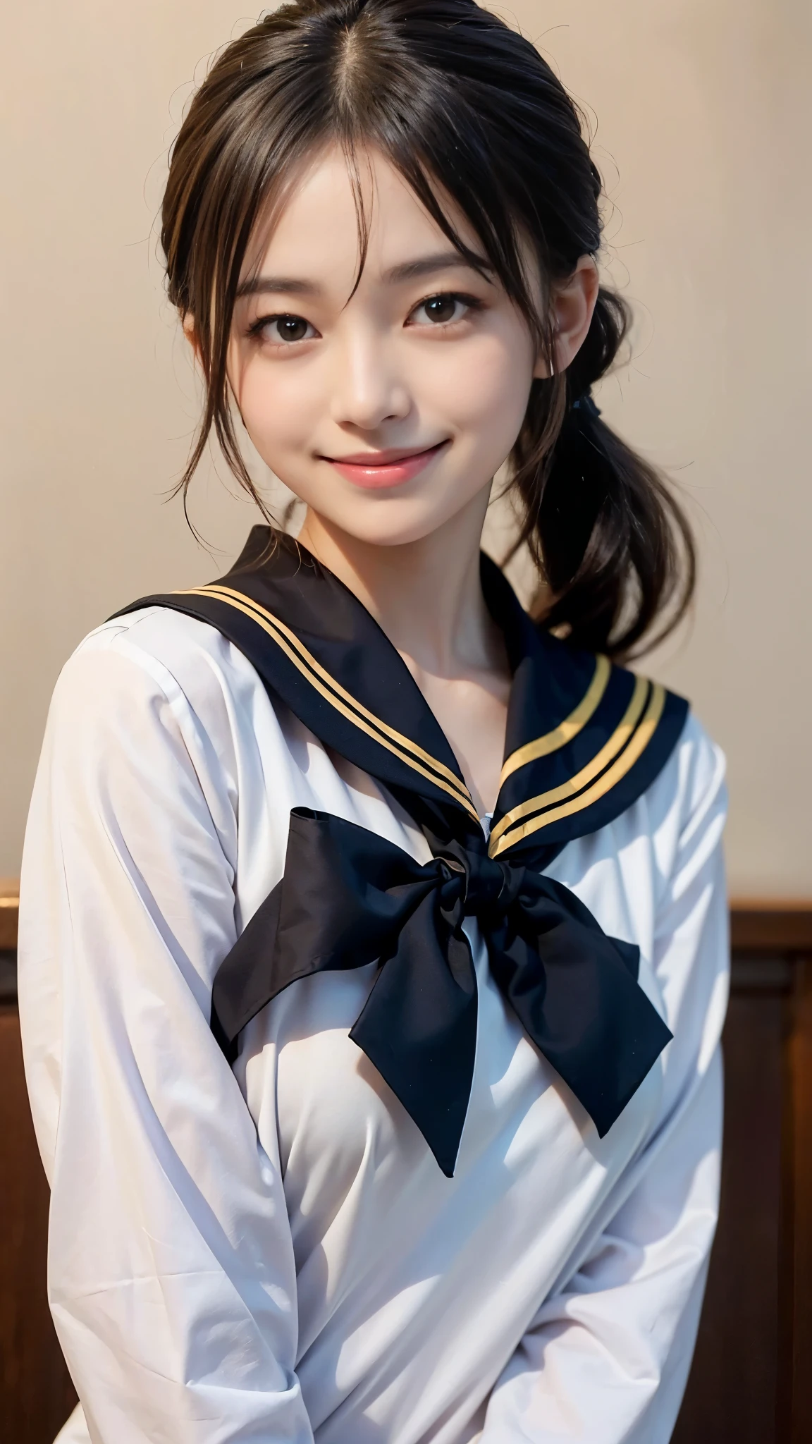 ((highest quality、Masterpiece、High resolution))、(((Zoom photo of upper body))、(A shy smile:1.2)、One 15-year-old female、Beautiful Skin、Beautiful Eyes、Large Breasts、Sailor suit、Black Hair、Trimmed bangs、ponytail