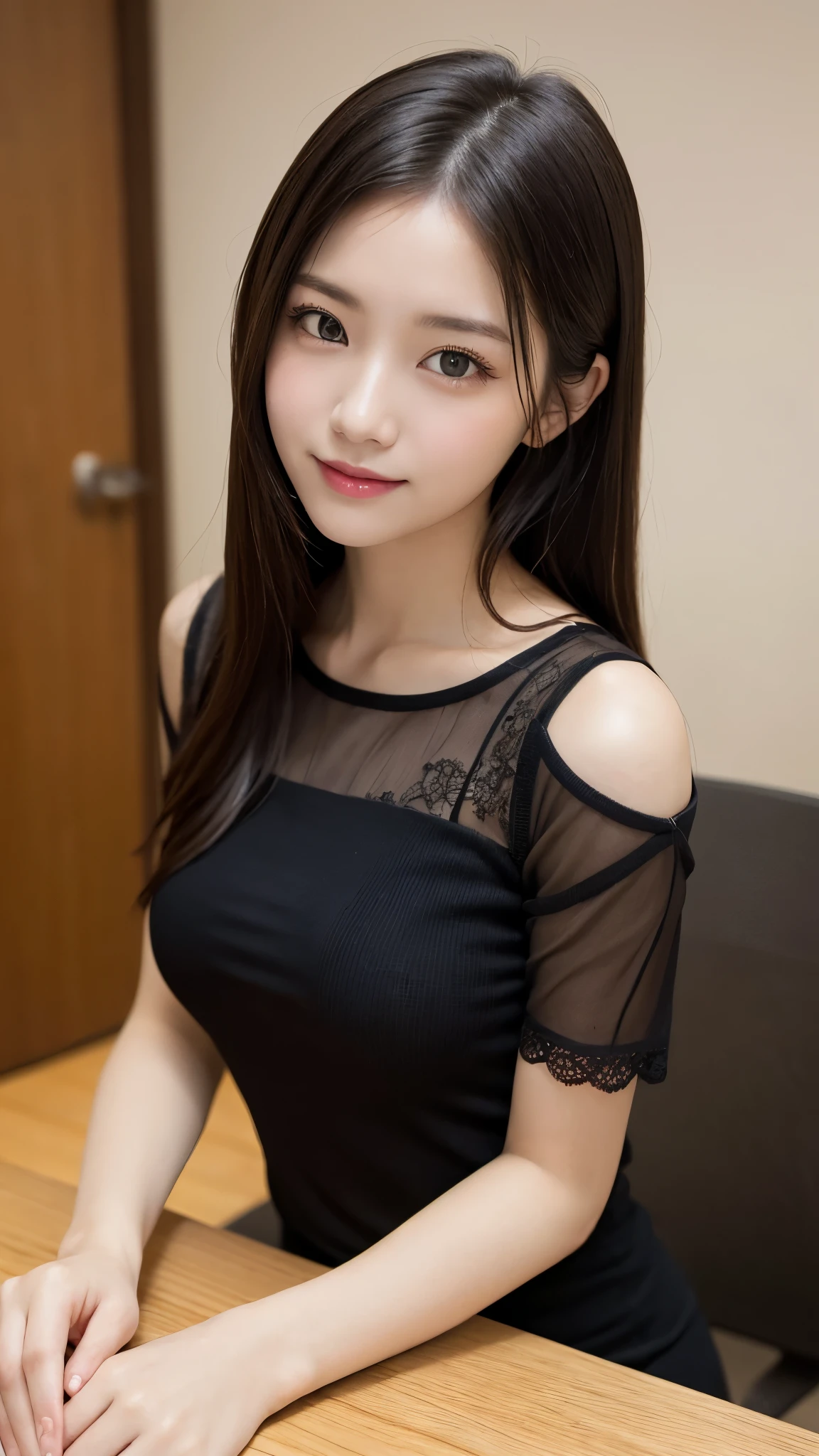 On the table、best quality、Photorealism、Finely、high resolution、8wallpaper、Perfect dynamic posture、Beautiful slender eyes and long hair、(Big plump breasts 1.3)、casual sexy pose、Random situations、Selfie Angle,Close Range,Looking at the camera,(Tight round neck black mesh lace shirt)、、Gentle smile、50 years old、(Perfect Eyes 1.3)、Mature adult beauties、Japanese、