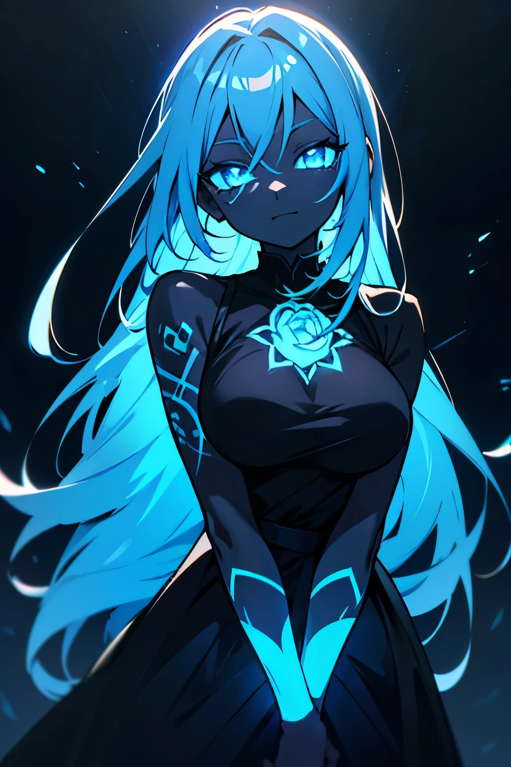 black skin, anime woman, happy, glowing light blue eyes, glowing light blue tattoos, glowing light blue straight hair, wearing a black dress, black roses in hair