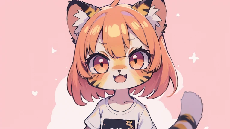 (obra maestra, Alta calidad, mejor calidad, 8K, high resolution), ((estilo chibii, Chibi lindo)), (solo, 1 girl), {Tiger Girl, cara de tigre, 2 colmillos, long eyelashes, delineador de ojos} {bigotes de tigre}, (((Piel de tigre por todo el cuerpo., Rayas de tigre en el cuerpo.))), (pelo naranja), cabello corto, Pinza para el cabello, [[Pinza para el cabello white flower on hair]], ((Muy feliz)), ((boca abierta)), ojos naranjas, [pupilas negras], ((buscando)), (very small breasts), brazos delgados, (un brazo arriba, un brazo hacia abajo), axilas, ((mini camiseta rosa, camiseta rosa completa)), {shorts blancos}, {{{mini cola de tigre, Cola en la espalda}}}, (cuerpo completo), (((de pie, jump angle))), dynamic pose, Fondo blanco, fondo sencillo, ((((Estilo Tora-chan no Hanayome)))), (old anime style 40s), estilo animado, anime color.