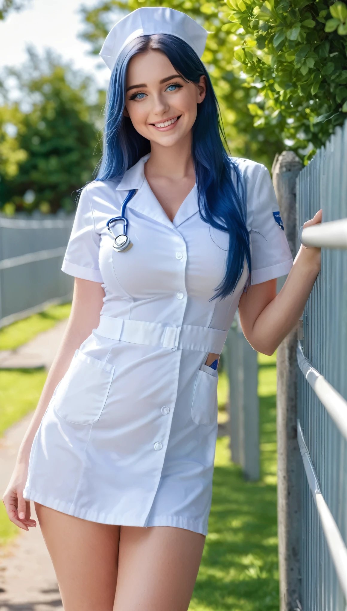 a 20 year old woman in a sexy revealing skimpy nurse uniform open at the top, posing leaning on a fence, sunny park background, side boob, inspired by Elsie Few, thic, blue long hair, cobalt blue eyes, large breasts, smiling, full body view from head to feet