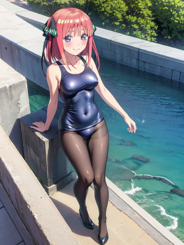 best quality, ultra-detailed masterpiece, nino nakano, one-piece swimsuit, breasts, pantyhose, blush, smile, terrace, chapel