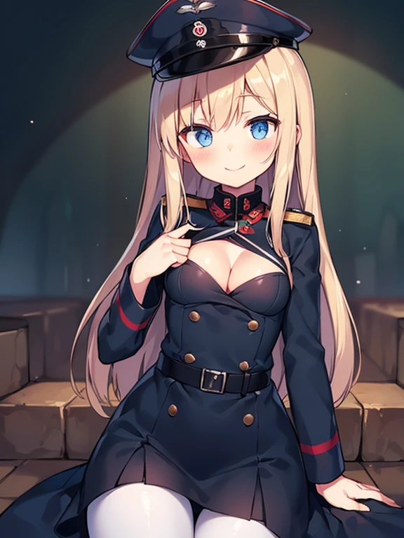 cleavage, black clothes, black ww2 ss uniform, military, german soldier, german officer hat, insanely Beautiful Little pale gothic girl, scifi temple, blush, smile