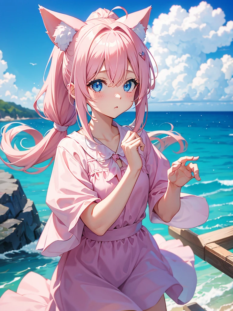 Light pink hair、ponytail、Sky-blue eyes、Cat ear、girl、Ocean