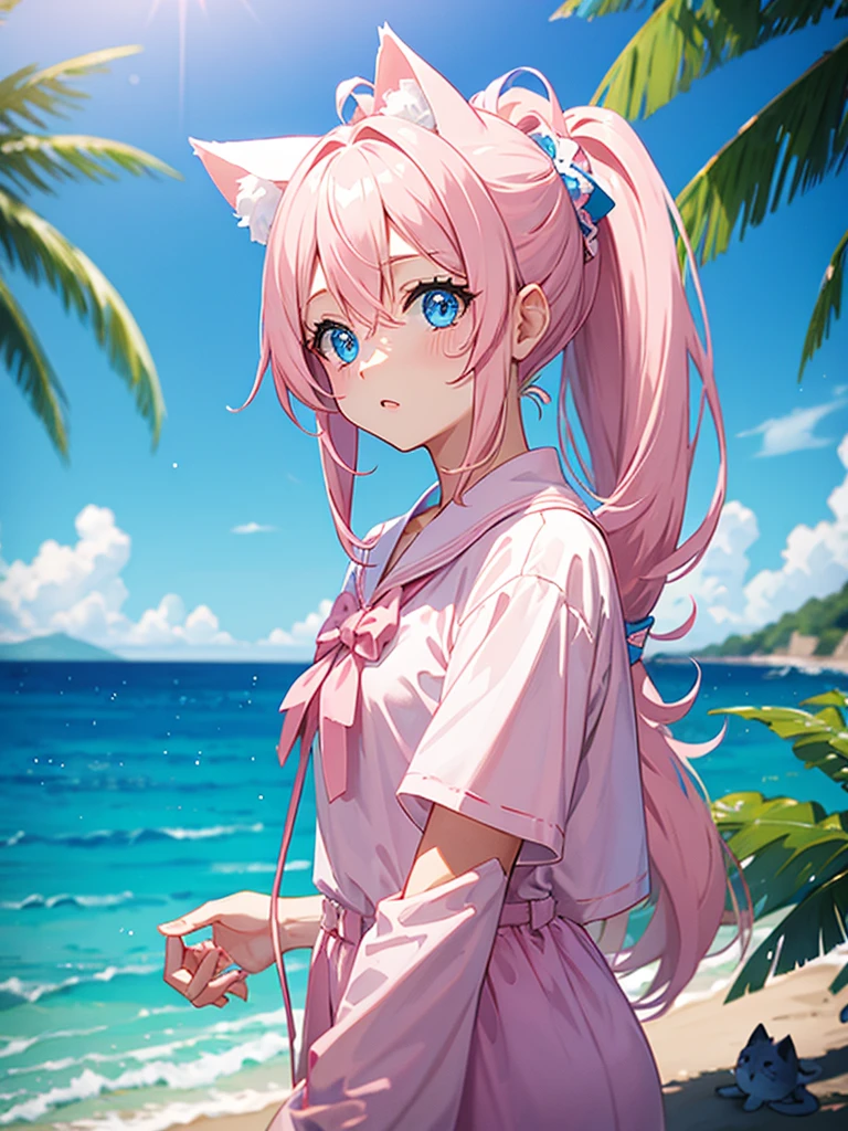 Light pink hair、ponytail、Sky-blue eyes、Cat ear、girl、Ocean