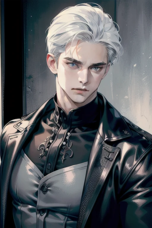 (masterpiece, best quality:1.2), (absurd res, high res, ultra detailed), 1 male, adult, handsome, tall muscular guy, broad shoulders, white hair, finely detailed blue eyes, portrait, looking at viewer, solo, half shot, detailed background, detailed face, (gothic), smirk, vampire, dark leather, high fantasy,, stealth, undercover, (crates in background), shadows, fog, (dutch angle), closed mouth,
