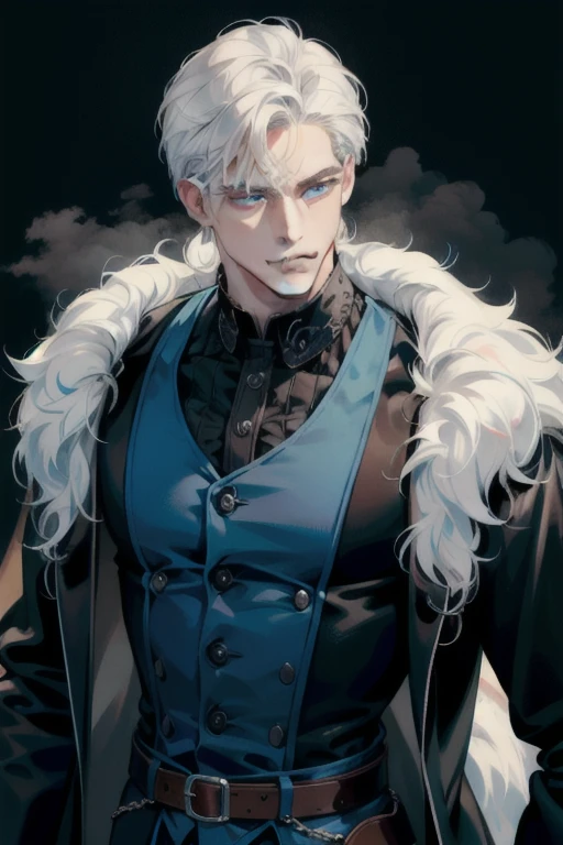 (masterpiece, best quality:1.2), (absurd res, high res, ultra detailed), 1 male, adult, handsome, tall muscular guy, broad shoulders, white hair, finely detailed blue eyes, portrait, looking at viewer, solo, half shot, detailed background, detailed face, (gothic), smirk, vampire, dark leather, high fantasy,, stealth, undercover, (crates in background), shadows, fog, (dutch angle), closed mouth,