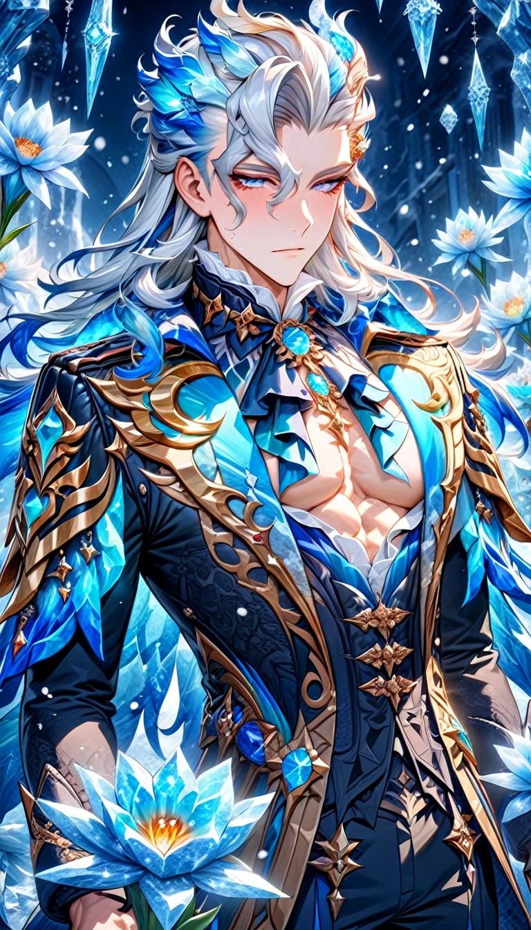 (absurdres, highres, ultra detailed, HDR) master piece, best quality, delicate features, Neuvillette, white long hair, expressive blue eyes, Genshin Impact, solo, sexy man, handsome, toned chest, black clothes, patterns, magical fantasy, ice butterflies, glittering, sparkling, winter, snowing, snowflakes, ice lilies, gemstones