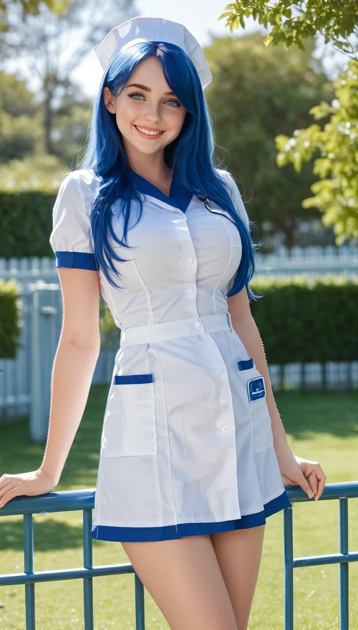 a 20 year old woman in a sexy revealing skimpy nurse uniform open at the top, posing leaning on a fence, sunny park background, side boob, inspired by Elsie Few, thic, blue long hair, cobalt blue eyes, large breasts, smiling, full body view from head to feet