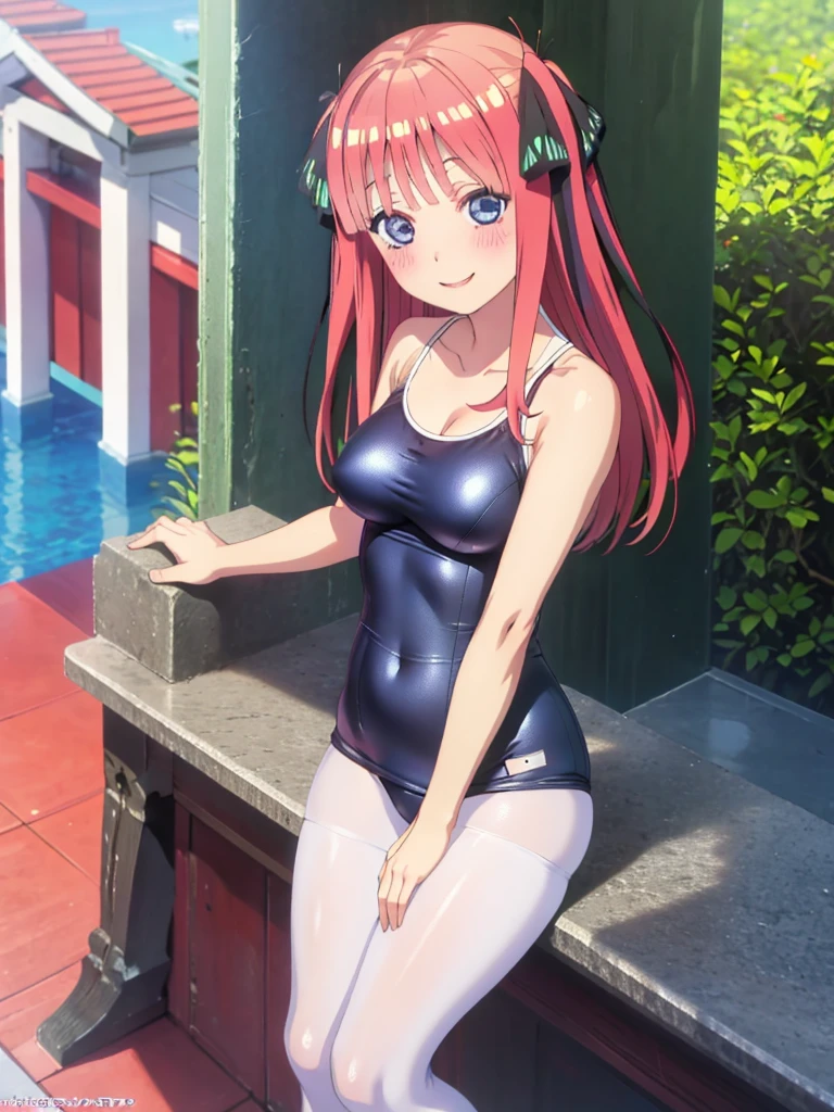 best quality, ultra-detailed masterpiece, nino nakano, one-piece swimsuit, breasts, pantyhose, blush, smile, terrace, in the chapel