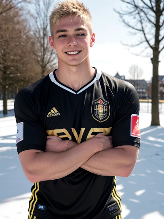 Belgian soccer striker. 20 years old. Short hair. Blonde. Strong chin. Smiling. Dramatic light. Male. Crossed hands. Black jersey. Masterpiece, best quality, 4k, portrait, very detailed. Snow on the background. Male