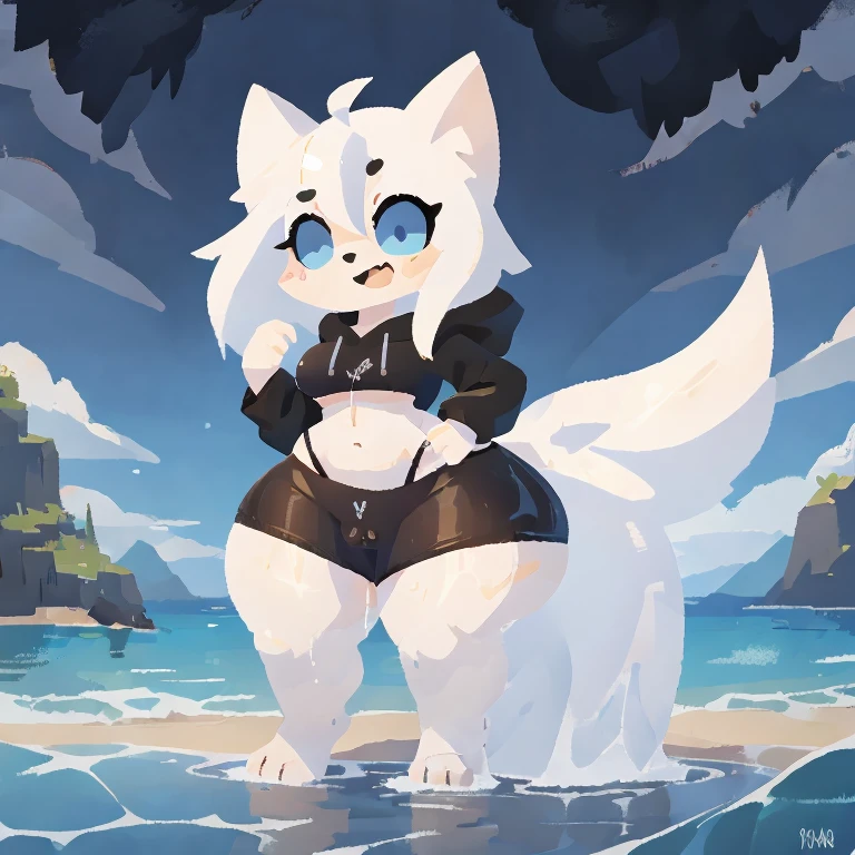 A female dog with extremely wide hips, extremely humongous thighs, extremely humongous ass, extremely humongous breasts, Huge tits, huge pussy, black tit and pussy highlights, skinny, small giantess, white hair, white fur, white body, pure white body, dripping, black sclera and pure white iris with pure white pupils. eight pure White tentacles attached to her back. no clothes, wearing a tight black crop top hoodie, and extremely thin black strip panties. standing in the water at a beach next to the dock, her eight tentacles going from her back to the water and rising out of the water.