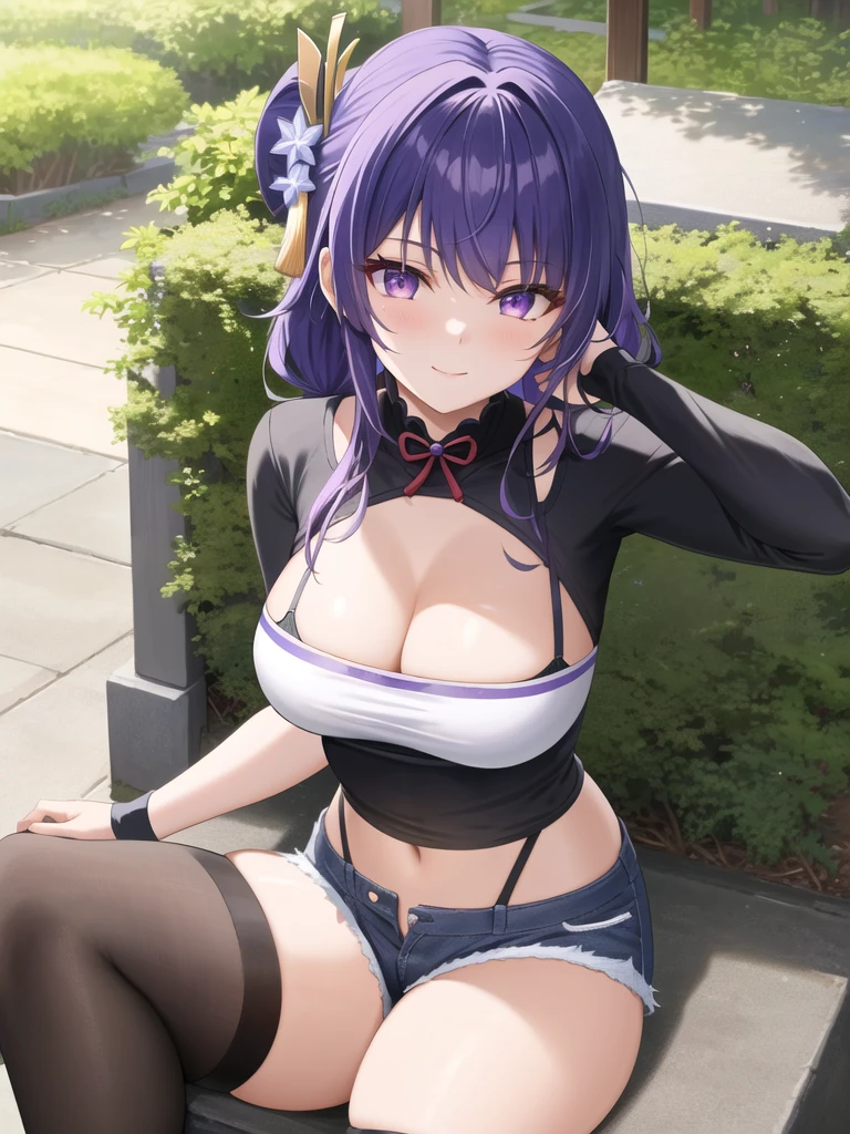 (masterpiece, best quality, ultra-detailed), Raiden shogun \(genshin impact\), (purple hair), cone hair bun, twin tails, long hair, swept bangs, braid, braided bangs, purple eyes, pink eyes,
(wearing a t-shirt:1.2), sitting on a chair outside of caf, embracing the natural beauty, sunlight, beautiful cloudy sky, city, street, denim shorts, black stocking,
medium breasts, thick thighs, critical angle, cowboy shot, arm behind head, arm behind back, armpits, light smile, crop top, strong and seductive expressions,,