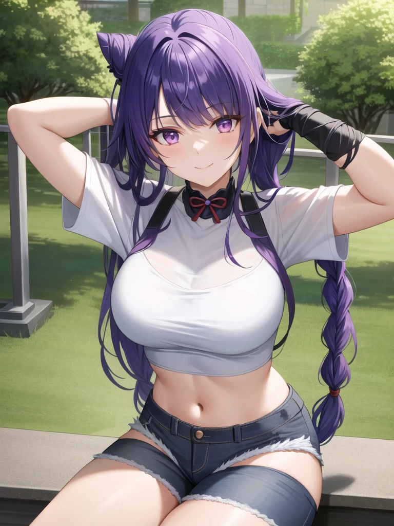 (masterpiece, best quality, ultra-detailed), Raiden shogun \(genshin impact\), (purple hair), cone hair bun, twin tails, long hair, swept bangs, braid, braided bangs, purple eyes, pink eyes,
(wearing a t-shirt:1.2), sitting on a chair outside of caf, embracing the natural beauty, sunlight, beautiful cloudy sky, city, street, denim shorts, black stocking,
medium breasts, thick thighs, critical angle, cowboy shot, arm behind head, arm behind back, armpits, light smile, crop top, strong and seductive expressions,,