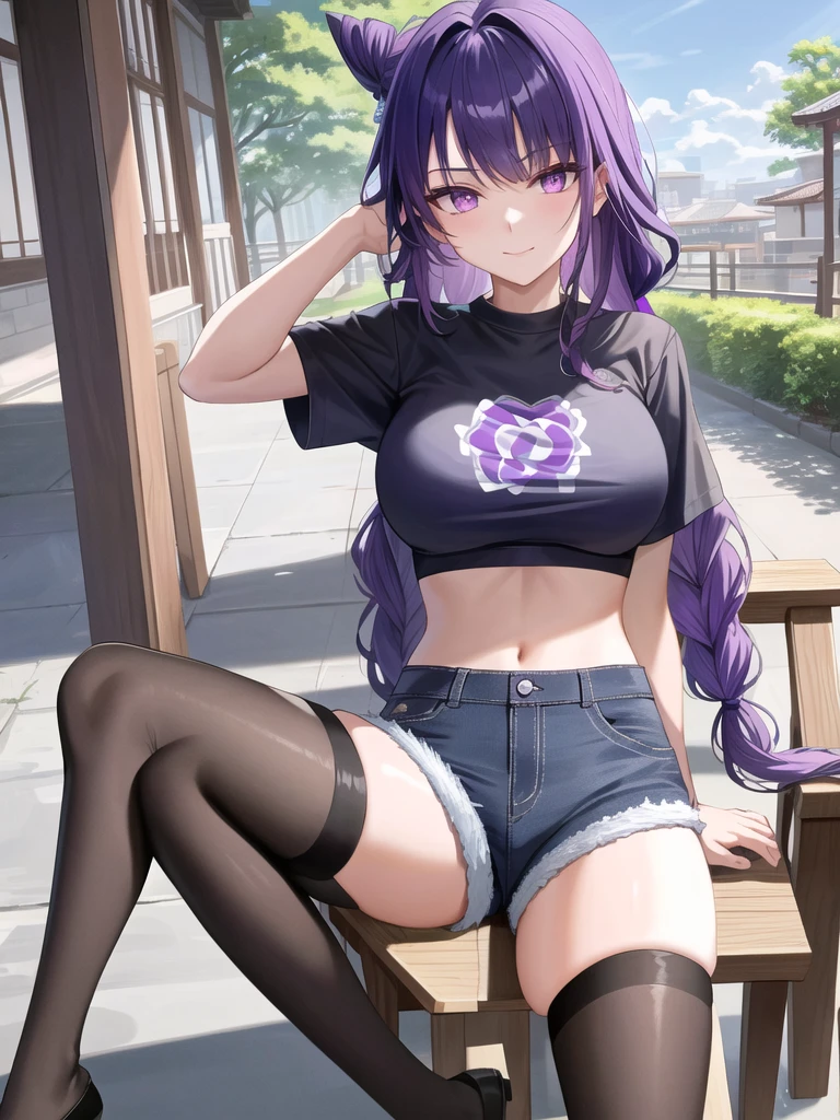 (masterpiece, best quality, ultra-detailed), Raiden shogun \(genshin impact\), (purple hair), cone hair bun, twin tails, long hair, swept bangs, braid, braided bangs, purple eyes, pink eyes,
(wearing a t-shirt:1.2), sitting on a chair outside of caf, embracing the natural beauty, sunlight, beautiful cloudy sky, city, street, denim shorts, black stocking,
medium breasts, thick thighs, critical angle, cowboy shot, arm behind head, arm behind back, armpits, light smile, crop top, strong and seductive expressions,,