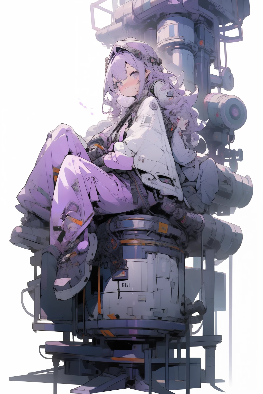 masterpiece, Best Quality, 4K, high resolution, ultra-detailed, High resolution, Ultra HD, sophisticated details, line art, thick lines, Backlight, ((Full body shot)), ((No background)), ((White background)), girl with long purple curly hair, white silver eyes, cute, chibi, purple clothes, sitting down