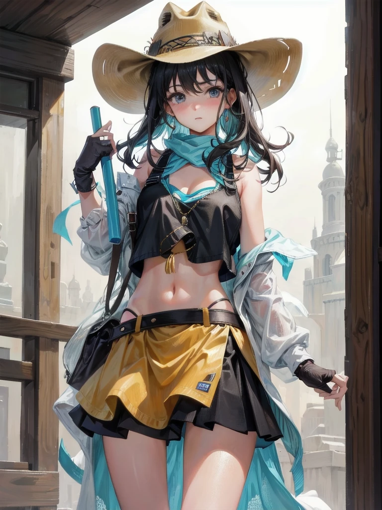 cowgirl costume, vest, cowboy hat, fingerless gloves, midriff, neckerchief, short skirt, holster, absurdres, RAW photo, extremely delicate and beautiful, masterpiece, Best Quality, ultra high resolution, 32k, hyperrealistic, ultra-detailed, perfect figure, tearful mole, earring, whole body shot, short medium hair, wavy hair,