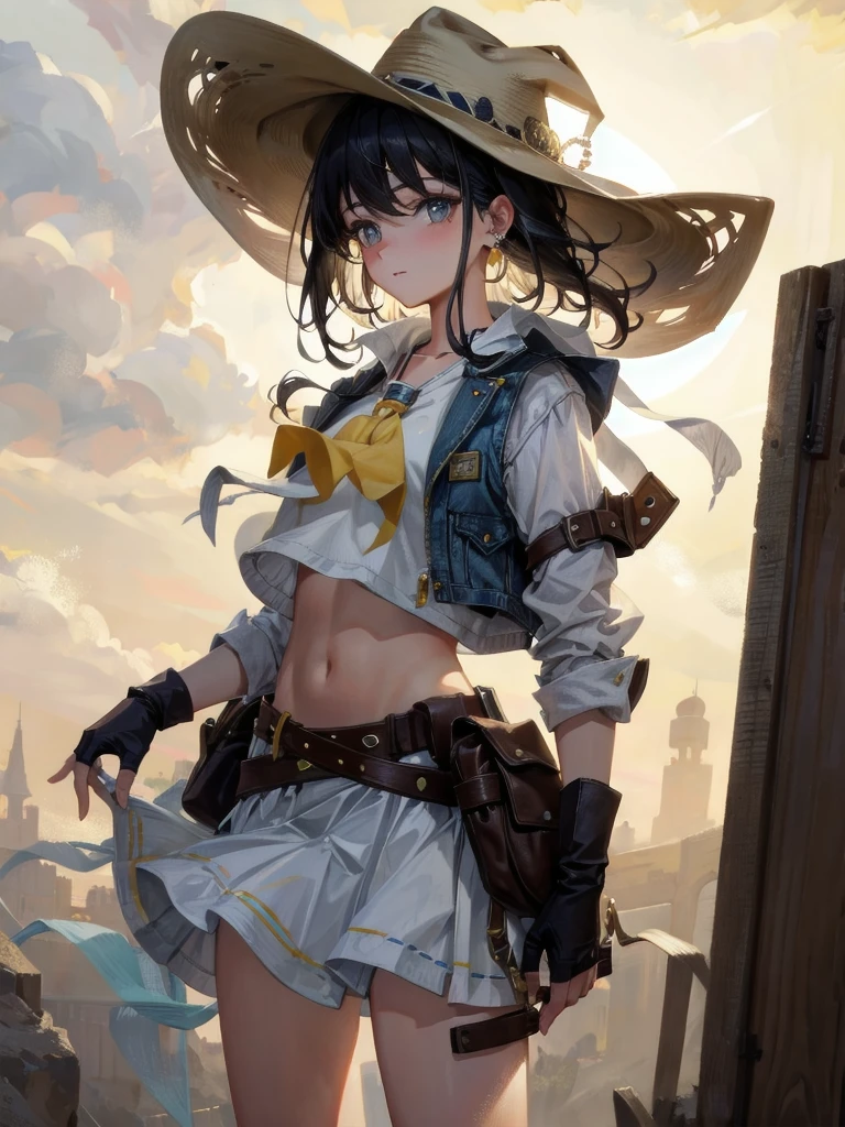 cowgirl costume, vest, cowboy hat, fingerless gloves, midriff, neckerchief, short skirt, holster, absurdres, RAW photo, extremely delicate and beautiful, masterpiece, Best Quality, ultra high resolution, 32k, hyperrealistic, ultra-detailed, perfect figure, tearful mole, earring, whole body shot, short medium hair, wavy hair,
