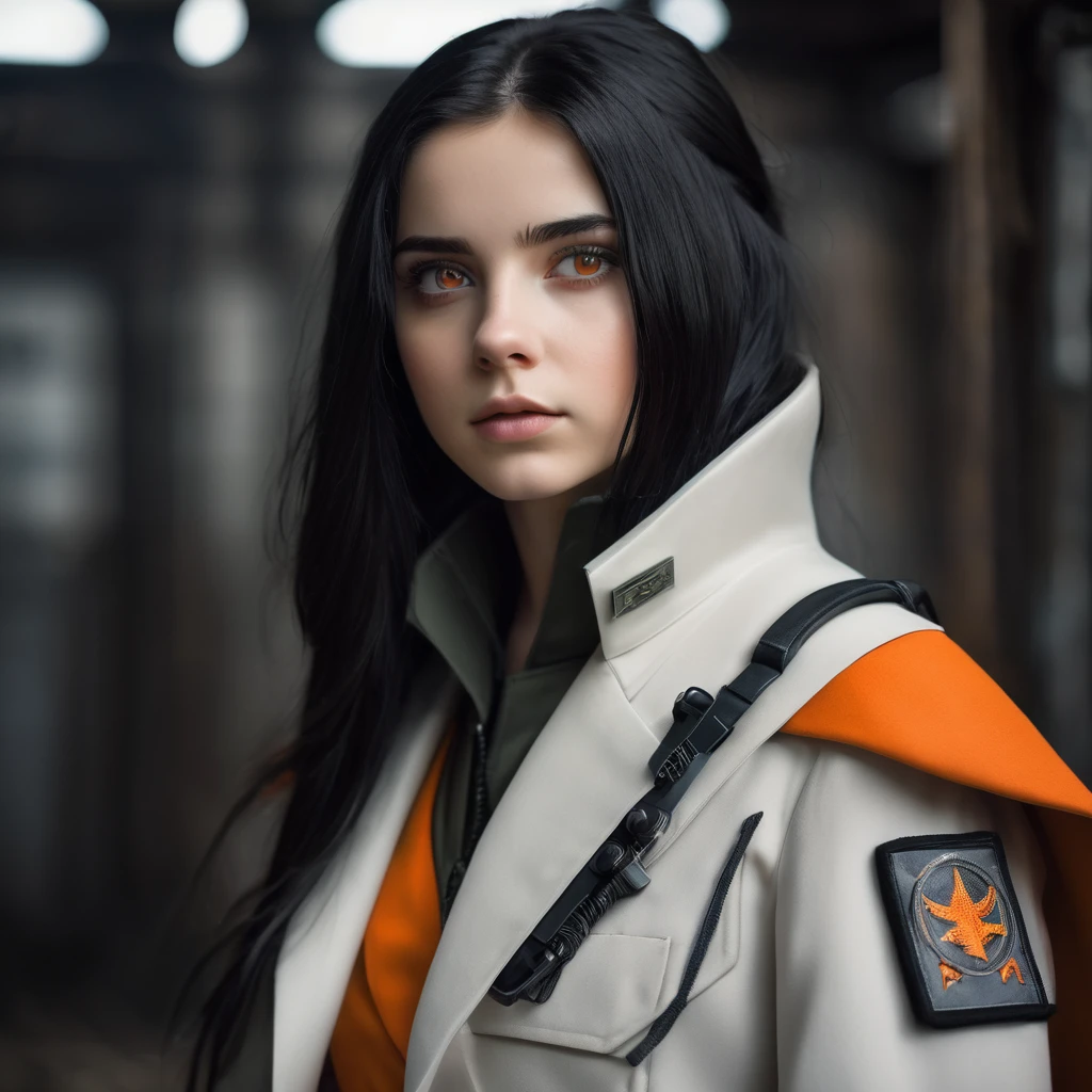 long black-haired white 18-year-old girl wear military suit, orange cape, big hazel eyes, sci-fi, dark mood, charturnerv2