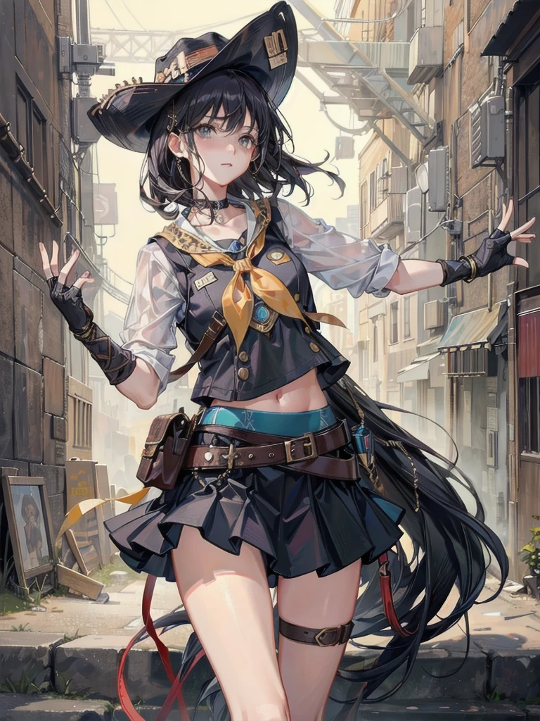 cowgirl costume, vest, cowboy hat, fingerless gloves, midriff, neckerchief, short skirt, holster, absurdres, RAW photo, extremely delicate and beautiful, masterpiece, Best Quality, ultra high resolution, 32k, hyperrealistic, ultra-detailed, perfect figure, tearful mole, earring, whole body shot, short medium hair, wavy hair,