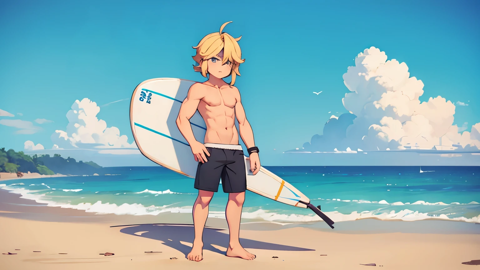 beach, surfer dude, blonde shoulder length hair, male, teen, hand on hip