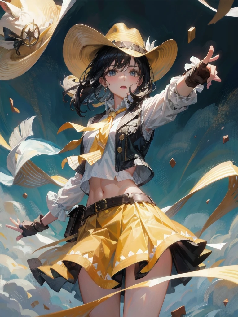 cowgirl costume, vest, cowboy hat, fingerless gloves, midriff, neckerchief, short skirt, holster, absurdres, RAW photo, extremely delicate and beautiful, masterpiece, Best Quality, ultra high resolution, 32k, hyperrealistic, ultra-detailed, perfect figure, tearful mole, earring, whole body shot, short medium hair, wavy hair,