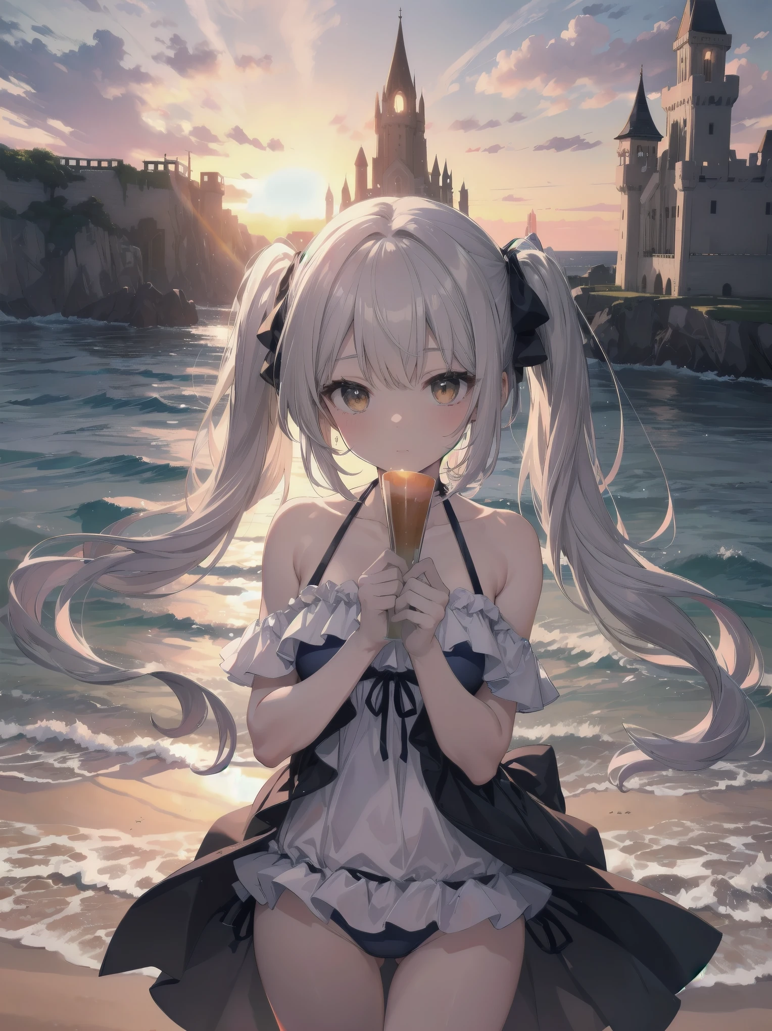 （Silver hair twintails、Ruffled swimsuit、Sand castle building pose）
At dusk、She carefully builds the last tower of her castle。The orange sunset beautifully illuminates her silver hair and sand castle.。