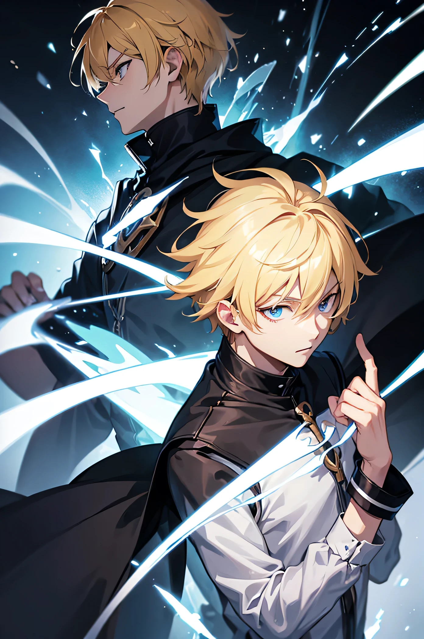 profile background, anime boy, blond hair, eyes black, student clothes, high-res portrait, detailed eyes and face, character, fantasy, advanced urban, looking from behind at viewer, 4K, high resolution