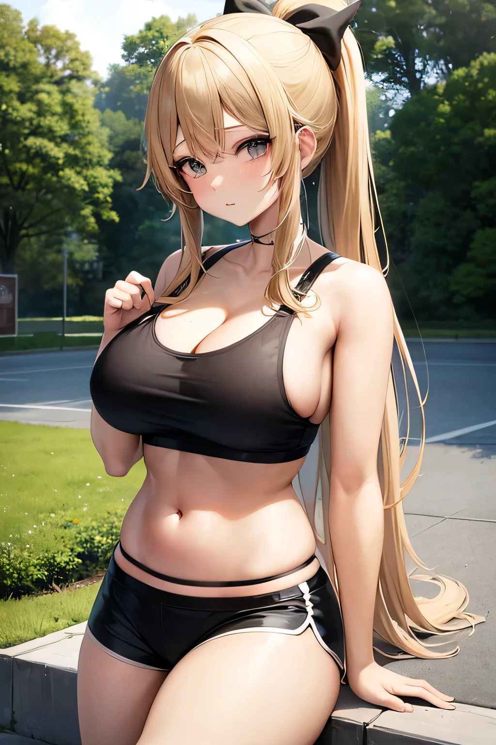 a beautiful anime girl with a black short, 1girl, breasts, solo, large breasts, black shorts, navel, long hair, shorts, ponytail, cleavage, outdoors, sports bra, tree, blonde hair, looking at viewer, thighs, midriff, bare arms, stomach, bare shoulders, hair bow, highleg, sidelocks, chubby
