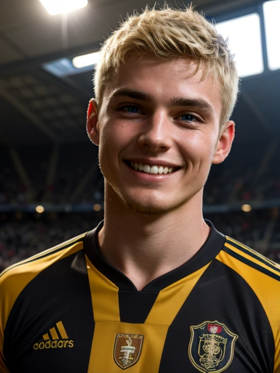 Belgian soccer striker. 20 years old. Short curly hair. Blonde. Strong chin. Smiling. Dramatic light. Male. Black jersey. Masterpiece, best quality, 4k, portrait, very detailed. Male.