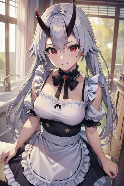 Masterpiece, best quality, 4k, 8k, highres, ultra-detailed, realistic, photorealistic, HDR, UHD, physically-based rendering, extreme detail description, professional, vivid colors, tomoe gozen, torino style, 1person, beautiful detailed eyes, beautiful detailed lips, extremely detailed face and eyes, long eyelashes, red eyes, cute smile, hair between eyes, silver hair, looking at viewer, oni horns, maid dress