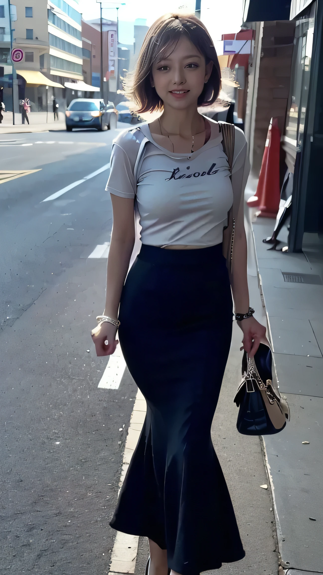 (Woman walking in the city:1.3、The background is the street)、(Realistic、Like a photograph、Live Action、8k, Photorealistic, RAW Photos, Best image quality: 1.4), Single-lens reflex camera、RAW Photos, highest quality, Realistic, Highly detailed CG Unity 8k wallpaper, Written boundary depth, Cinematic Light, Lens flare, Ray Tracing, Realistic background、(Tight T-shirt:1.2、(mermaidskirt:1.5，Long skirt)、Large Breasts:1.37))、((Ultra-dense skin))、 1 female,Cute Japanese Gal、((whole body:1.5)，Look Up:1.1、smile、(Short Hair、Blonde:1.3)、I like that style、Stylish、Very detailed、Pay attention to the details、Perfect outfit、(Sunburned skin)、Beautiful legs:1.1，Anatomically correct body、Accurate Fingers、Are standing、View from the front