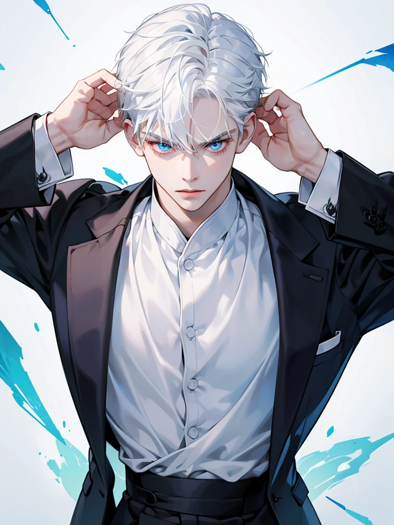Boy, white hair, blue eyes, sharp, serious features, white skin, formal style
