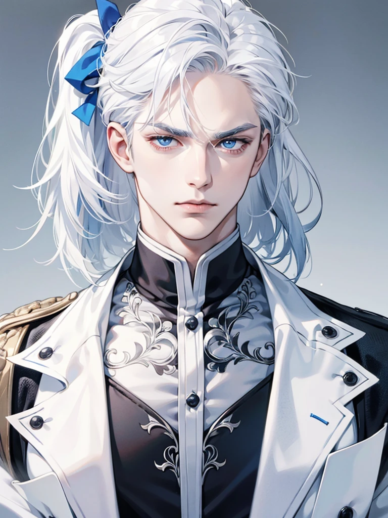 Boy, white hair, blue eyes, sharp, serious features, white skin, formal style