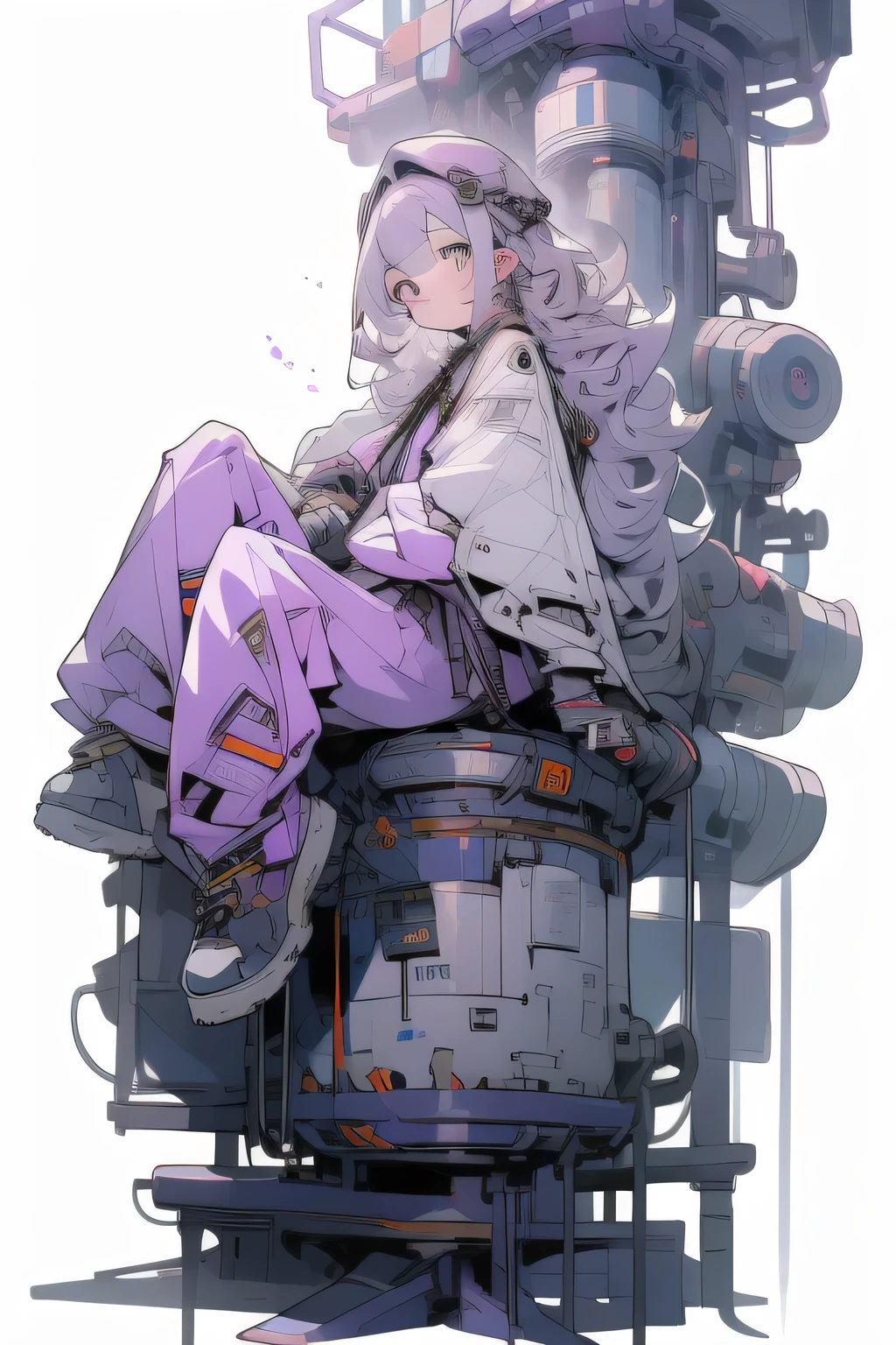 masterpiece, Best Quality, 4K, high resolution, ultra-detailed, High resolution, Ultra HD, sophisticated details, line art, thick lines, Backlight, ((Full body shot)), ((No background)), ((White background)), girl with long purple curly hair, white silver eyes, cute, chibi, purple clothes, sitting down