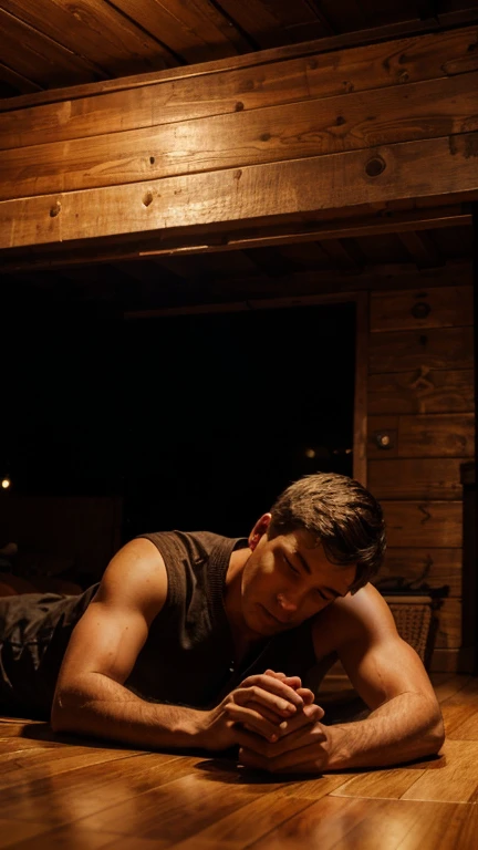 A man lying on the floor of a wooden cabin at night (better detail) hd