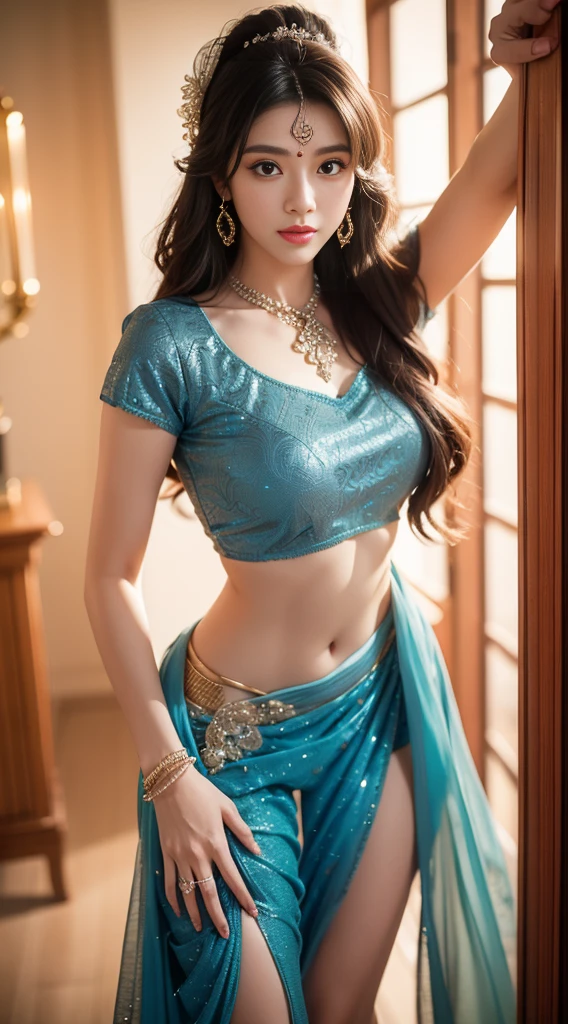 4K, Ultra-high resolution, masterpiece, 1 girl, Nice face, Fine grain, Detailed lips, Very long hair, Straight hair, Very long hair, Beautiful Hair, hair Decorations, hair band, Gradient Hair, ((Indigo Lehenga)), ((Bridal Lehenga)), ((Decorative blouse)), sardine, ((Lehenga Jewelry)), ((Blue lace)), ((Diamond Bracelets)), Decorations, necklace, Earrings, high intensity lighting, ((Bare Belly)), Wedding Stage, Fujicolor, Depth of written boundary, Ray Tracing, Ultra-Realistic Details,