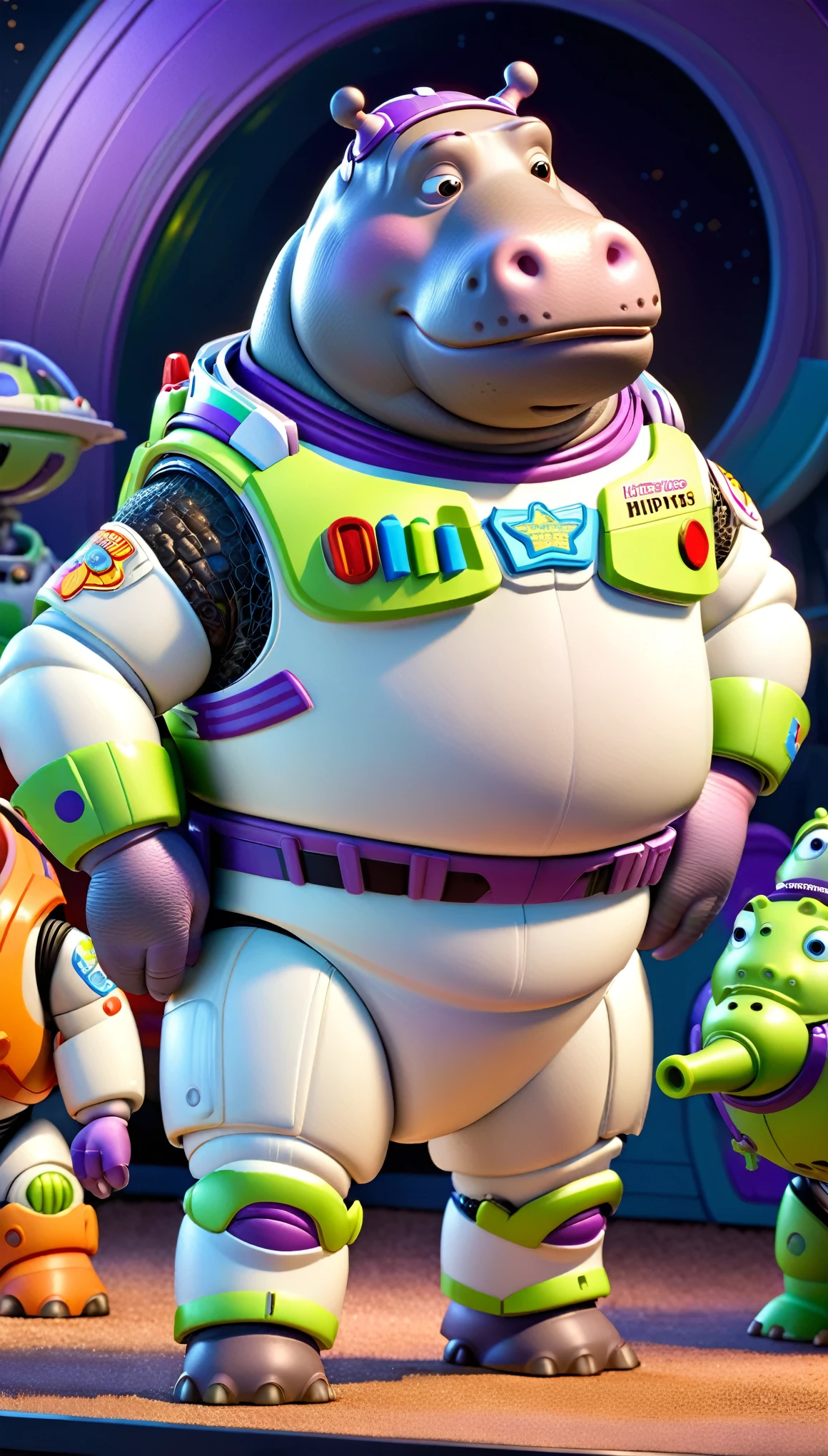 Pixar style portrait of Dressed animals - a (fat) hippo ,as Buzz Lightyear ,(hands on hips:1.5),(happy smile),(toy story), high quality,(lovely) ,intricate details, highly detailed (Buzz Lightyear' costume), wearing space suits and helmet, toy story world background, (happy), perfect lighting,(full body image:2.0)