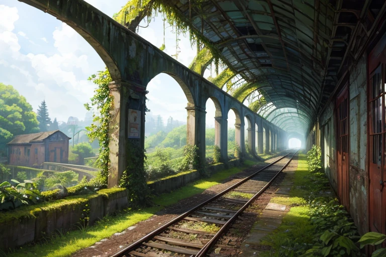 Watercolor style, highest quality, Abandoned railway line, Single Track, Dilapidated station building, Ivy, Moss, countryside, tunnel