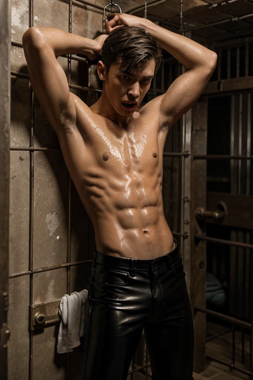 A shirtless skinny young man in wet leather pants screams while locked inside dungeon cage cell