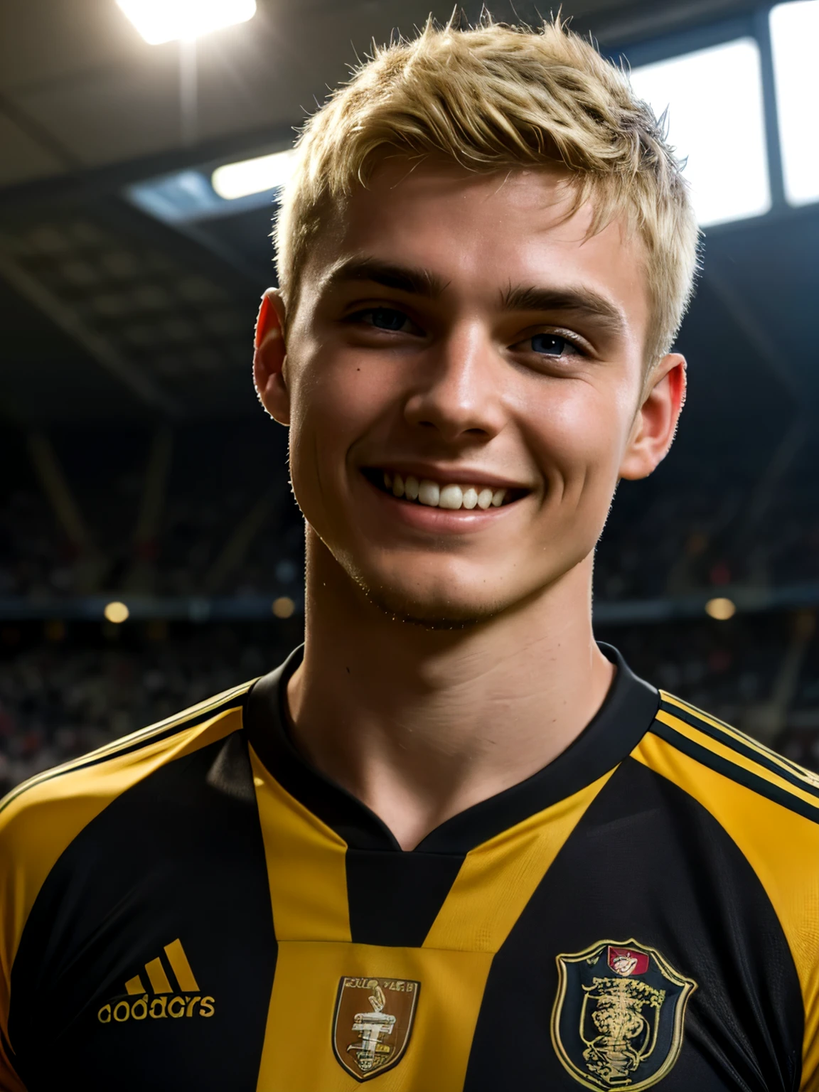 Belgian soccer striker. 20 years old. Short curly hair. Blonde. Strong chin. Smiling. Dramatic light. Male. Black jersey. Masterpiece, best quality, 4k, portrait, very detailed. Male.