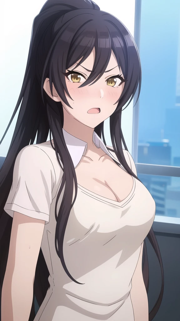 masterpiece, high quality, 8k, Beautiful lighting,sunny day, 1 girl, alone, ,((Open your mouth)), ,,((Detailed nipples)),(Open White Shirt）,（（Yellow Eyes））,（（close up:1.5））,,, ((Upper Body)),,,Detailed face,((Mid-chest)),(Cleavage),((squinting)),　Yellow Eyes, ((blush)),　shirase sakuya　,　ponytail,　View your viewers