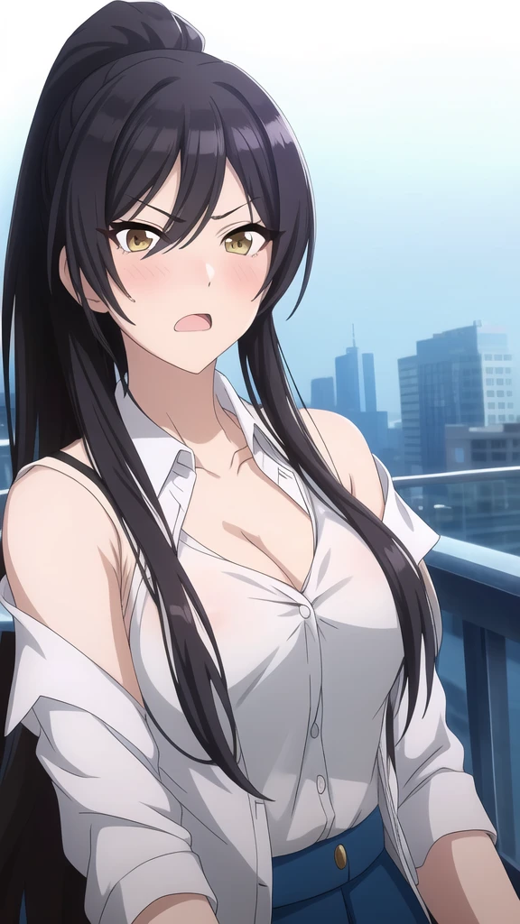 masterpiece, high quality, 8k, Beautiful lighting,sunny day, 1 girl, alone, ,((Open your mouth)), ,,((Detailed nipples)),(Open White Shirt）,（（Yellow Eyes））,（（close up:1.5））,,, ((Upper Body)),,,Detailed face,((Mid-chest)),(Cleavage),((squinting)),　Yellow Eyes, ((blush)),　shirase sakuya　,　ponytail,　View your viewers